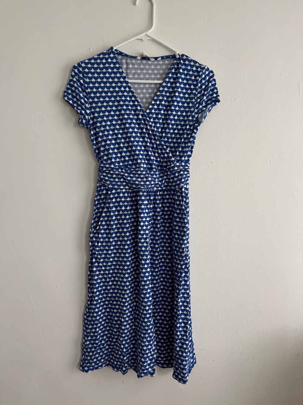 Blue Patterned Midi Dress with Cap Sleeves
